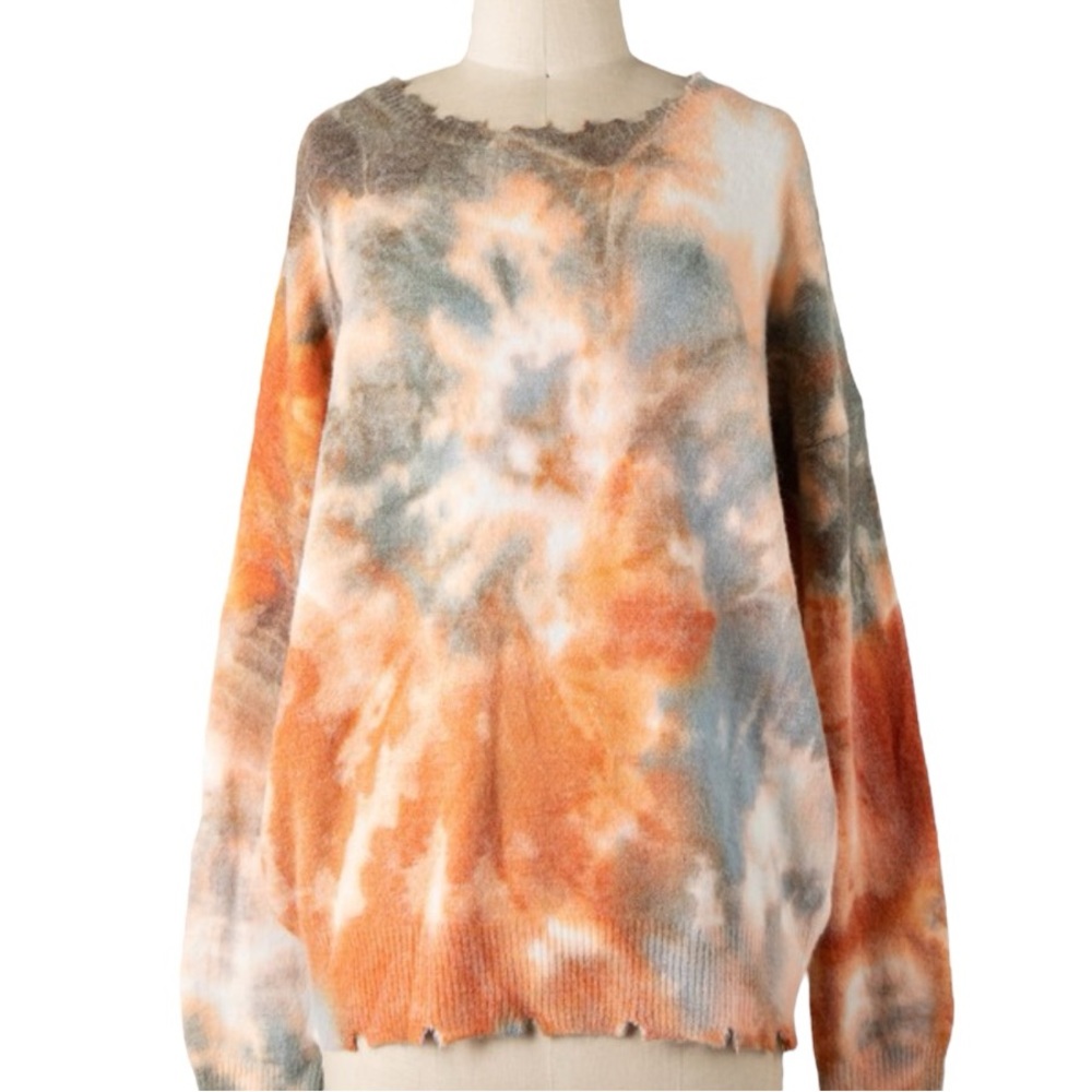 Women’s Rust & Mocha Tie Dye Distressed Hem Knit Sweater NWT
